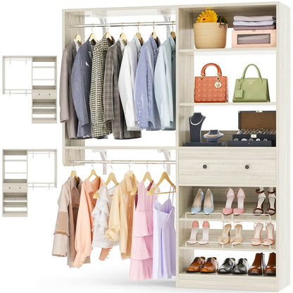 5FT Wood Closet Organizer System with 2 Hanging Rods and Adjustable Shelf, Reversible