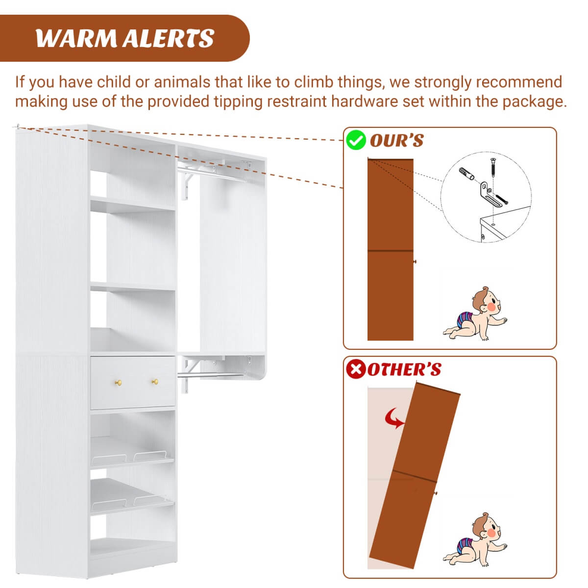 5FT Wood Closet Organizer System with 2 Hanging Rods and Adjustable Shelf, Reversible