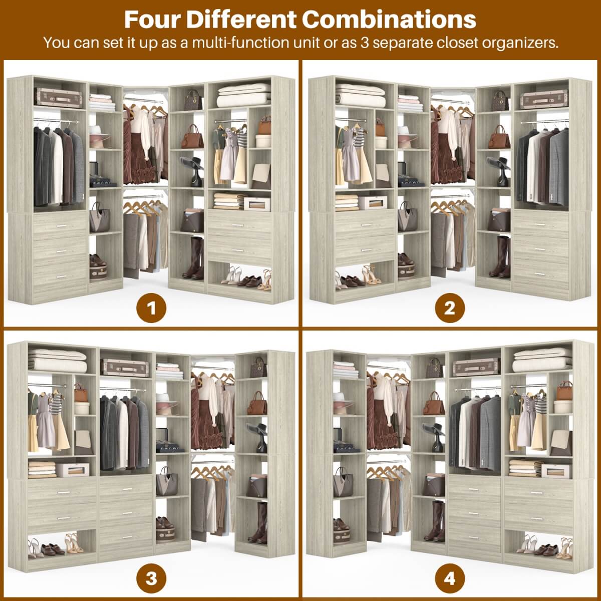 87.2 Inch Freestanding Closet System with Drawers and Hanging Rods, Set of 3
