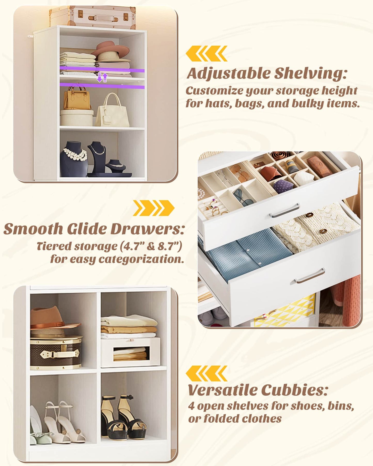 22" Closet System with Drawers, Small Closet Organizer for Walk in Closet