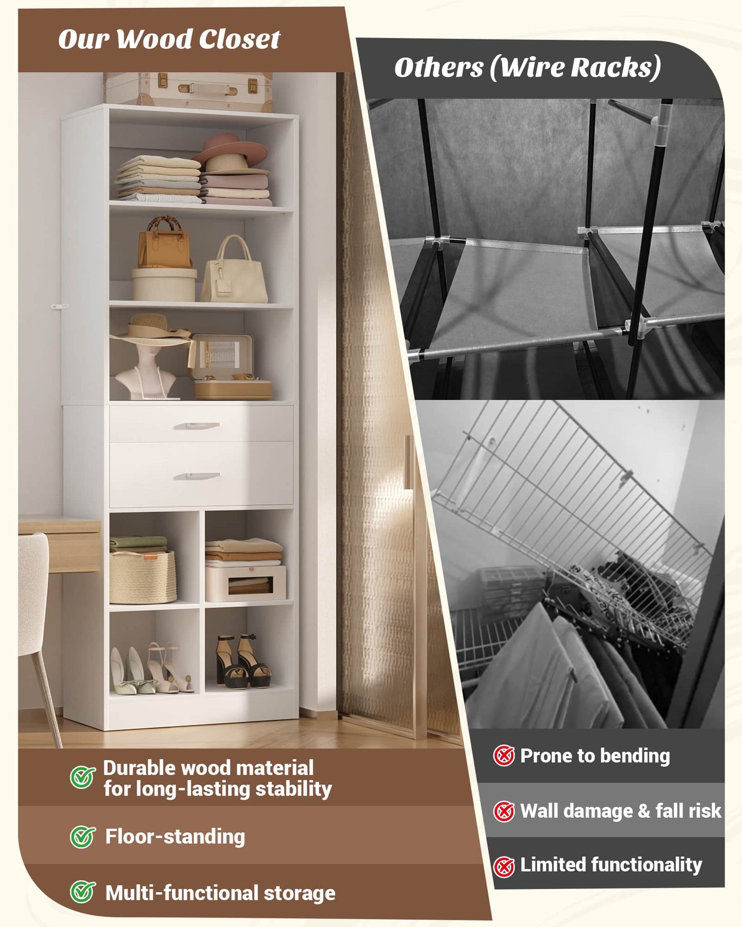 22" Closet System with Drawers, Small Closet Organizer for Walk in Closet