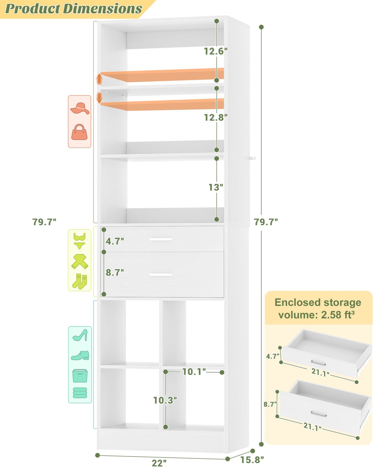 22" Closet System with Drawers, Small Closet Organizer for Walk in Closet