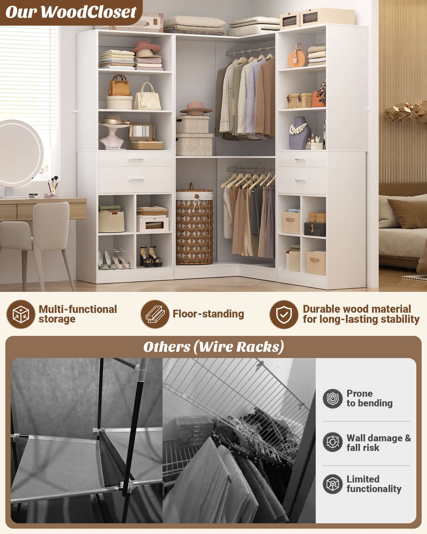 50.4"L Corner Closet Organizer System with 4 Drawers and Hanging Rods