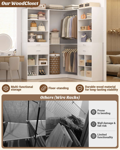 50.4"L Corner Closet Organizer System with 4 Drawers and Hanging Rods