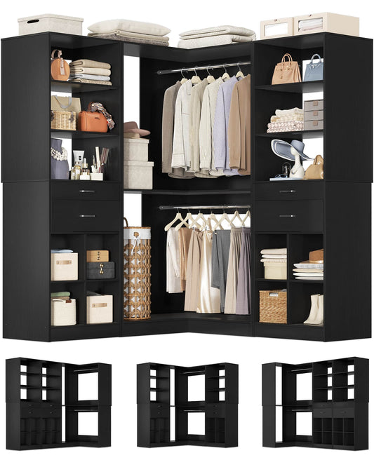 53.5"L Corner Closet Organizer System with 4 Drawers and Hanging Rods