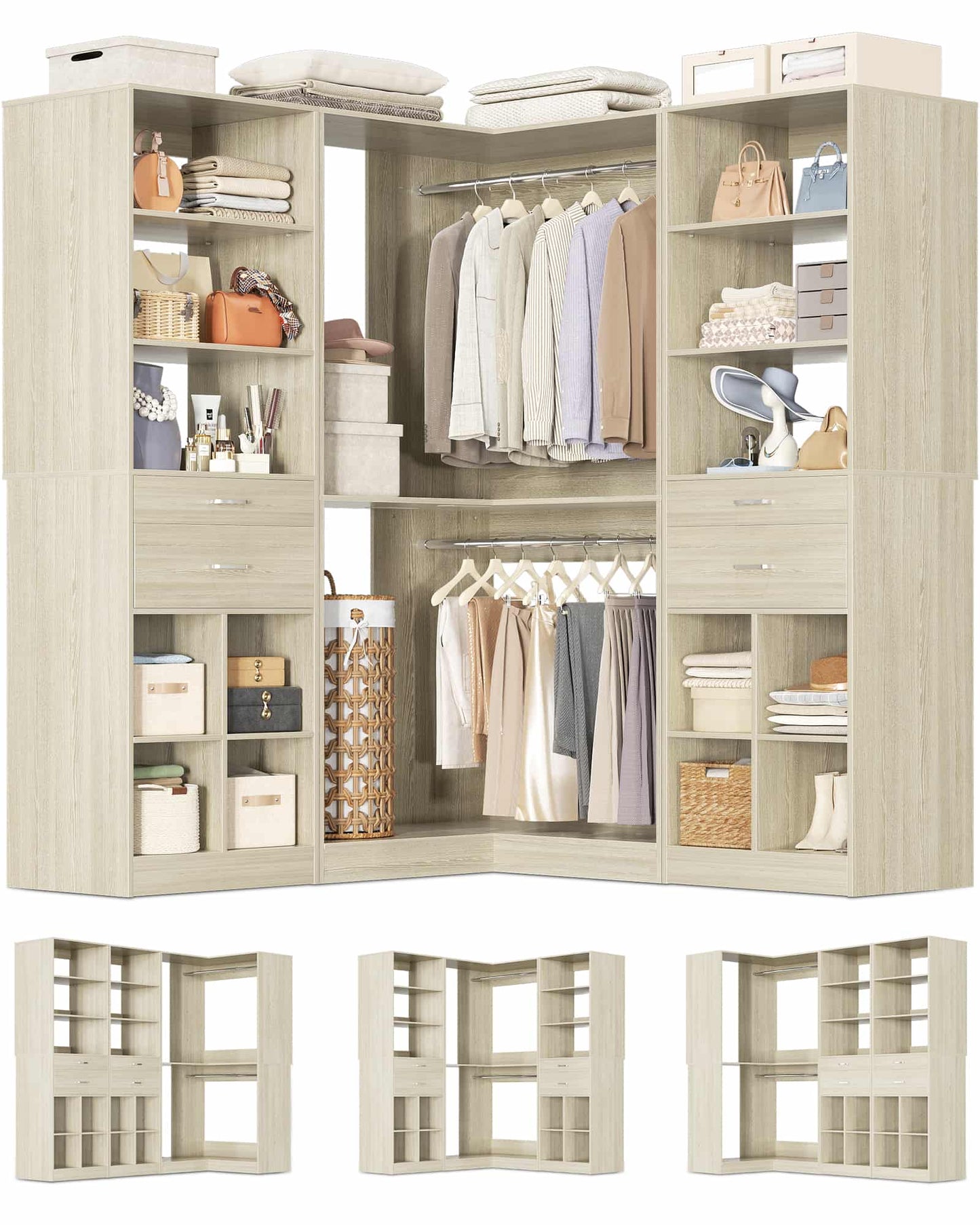 50.4"L Corner Closet Organizer System with 4 Drawers and Hanging Rods