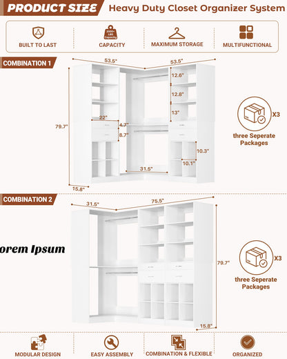 53.5"L Corner Closet Organizer System with 4 Drawers and Hanging Rods