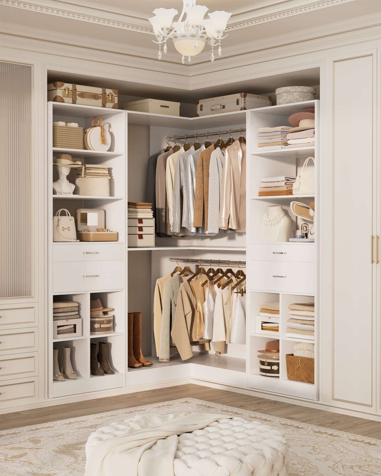 50.4"L Corner Closet Organizer System with 4 Drawers and Hanging Rods