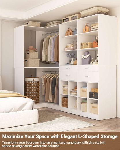 50.4"L Corner Closet Organizer System with 4 Drawers and Hanging Rods