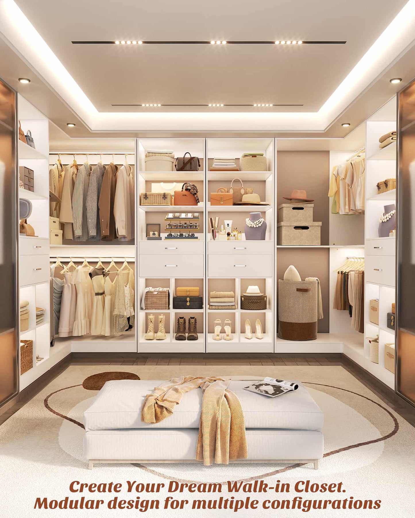50.4"L Corner Closet Organizer System with 4 Drawers and Hanging Rods
