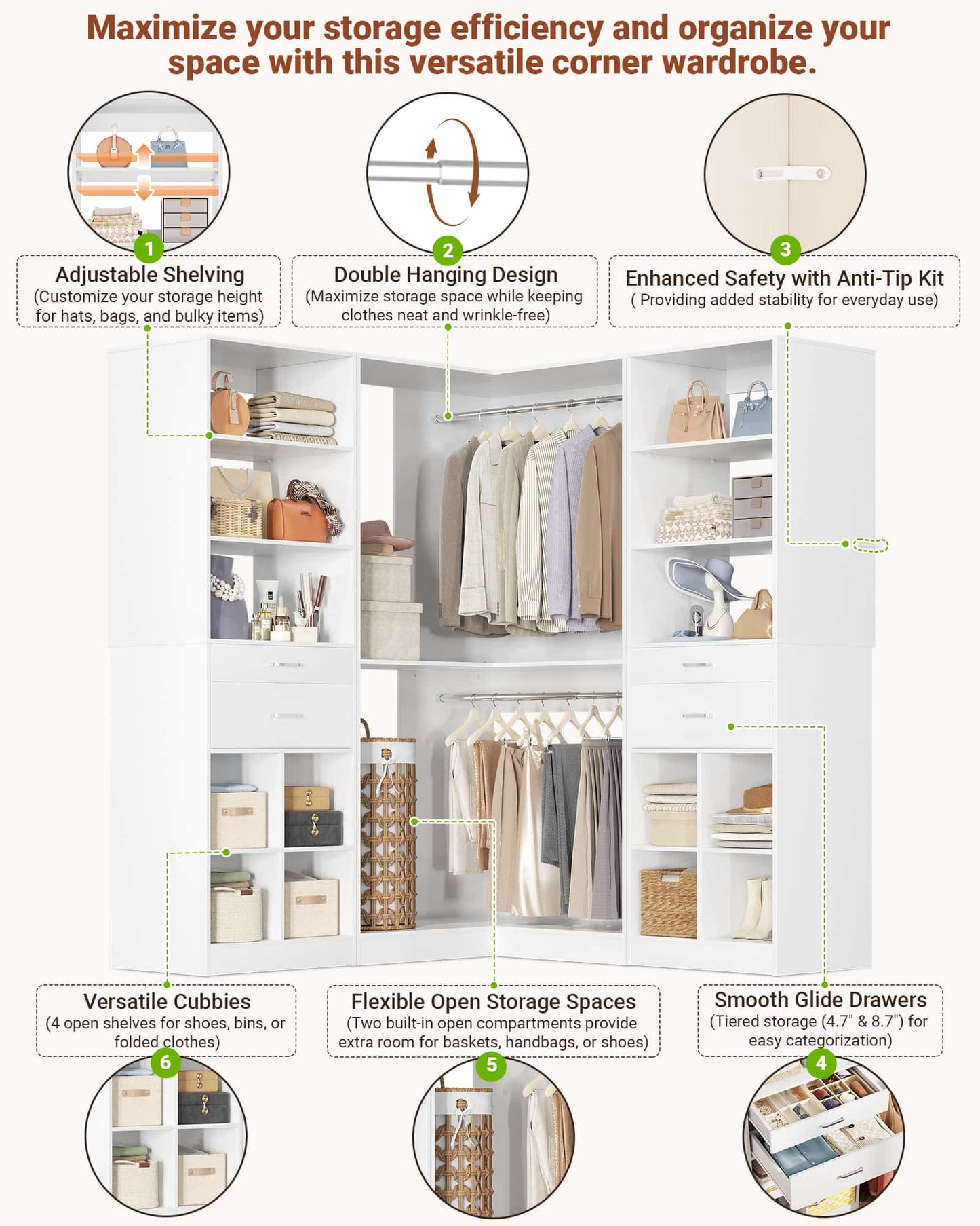 50.4"L Corner Closet Organizer System with 4 Drawers and Hanging Rods