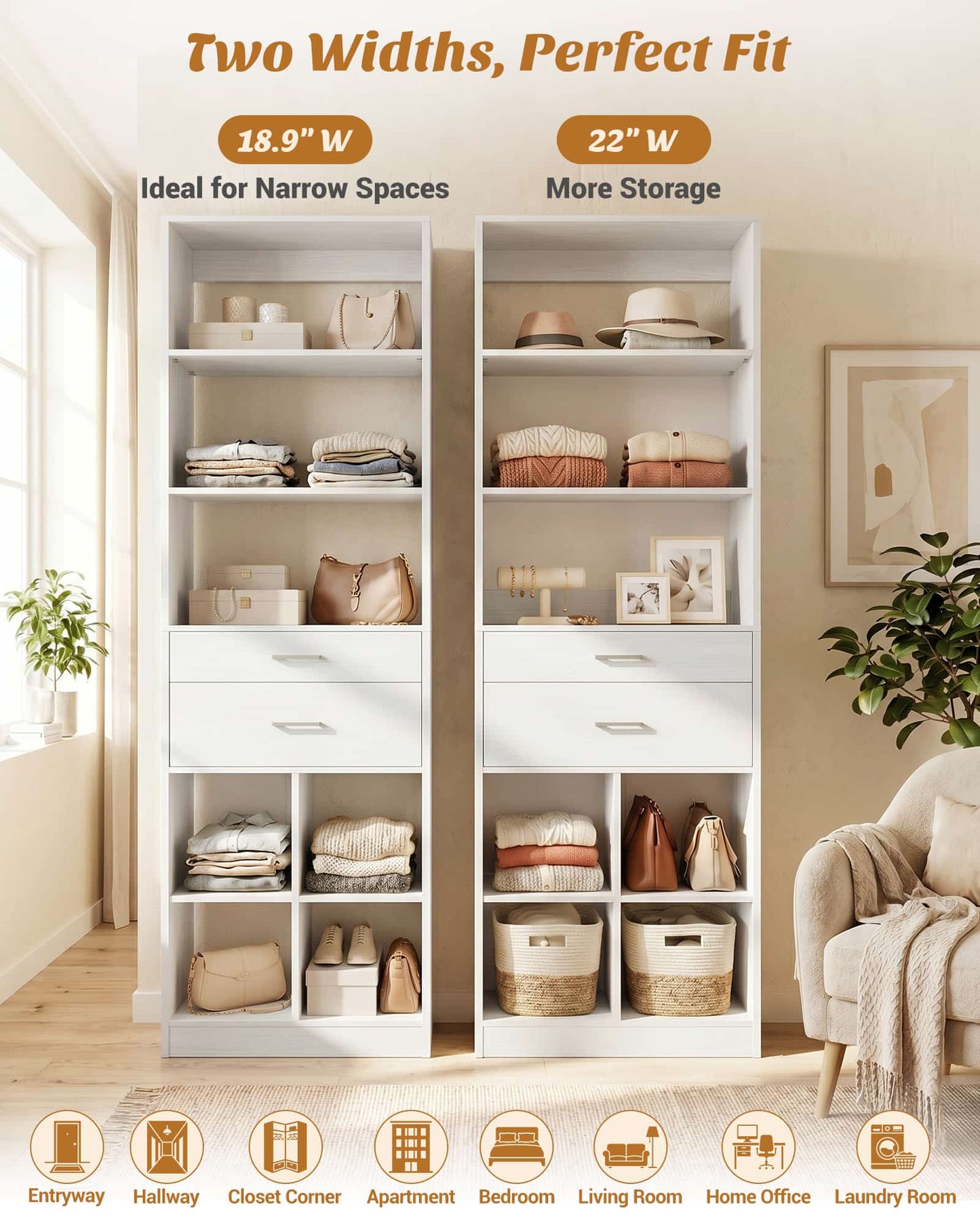 18.9" Closet System with Drawers, Small Closet Organizer for Walk in Closet