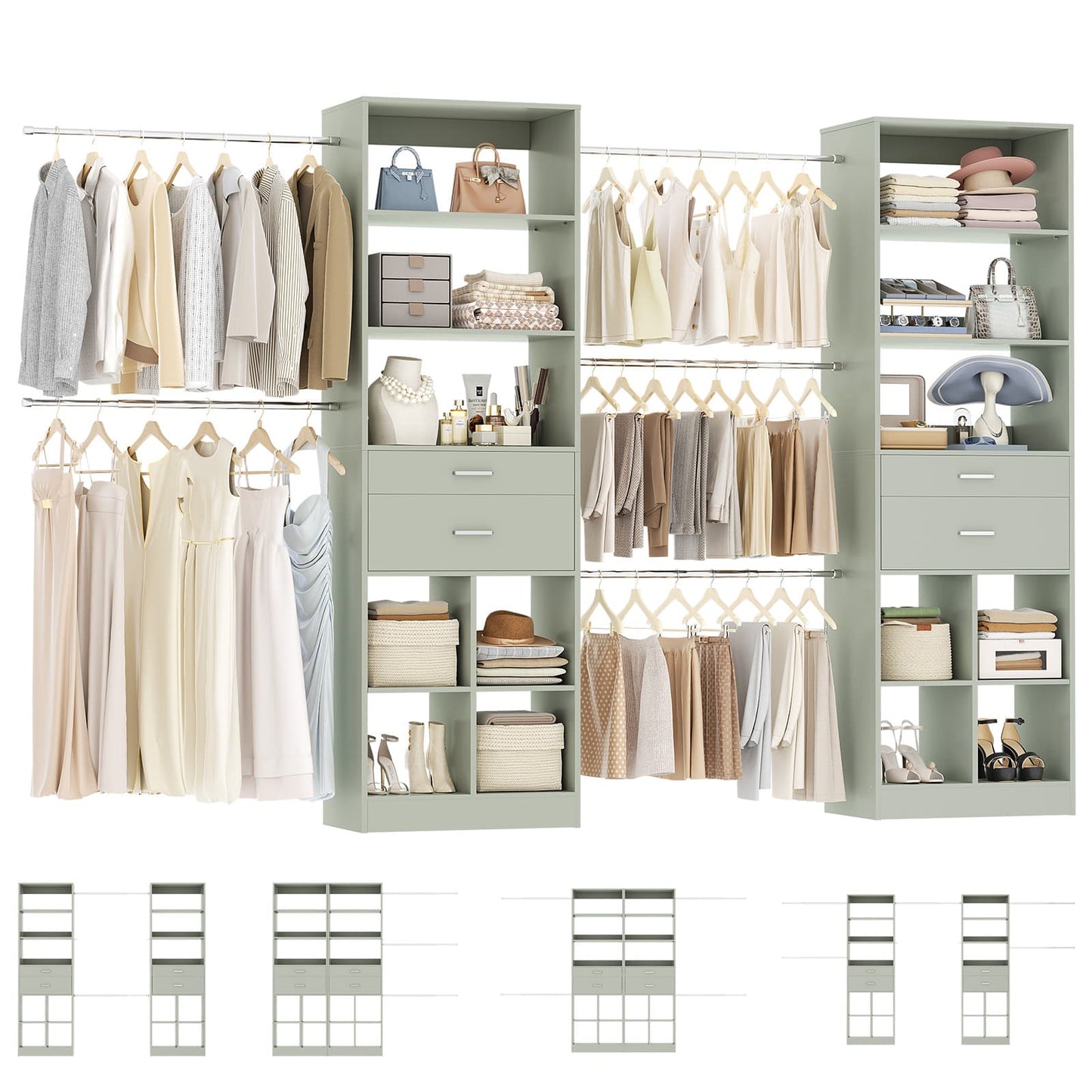 Closet System, 7.4ft-10ft with 4 Wooden Drawers and 5 Hanging Rods