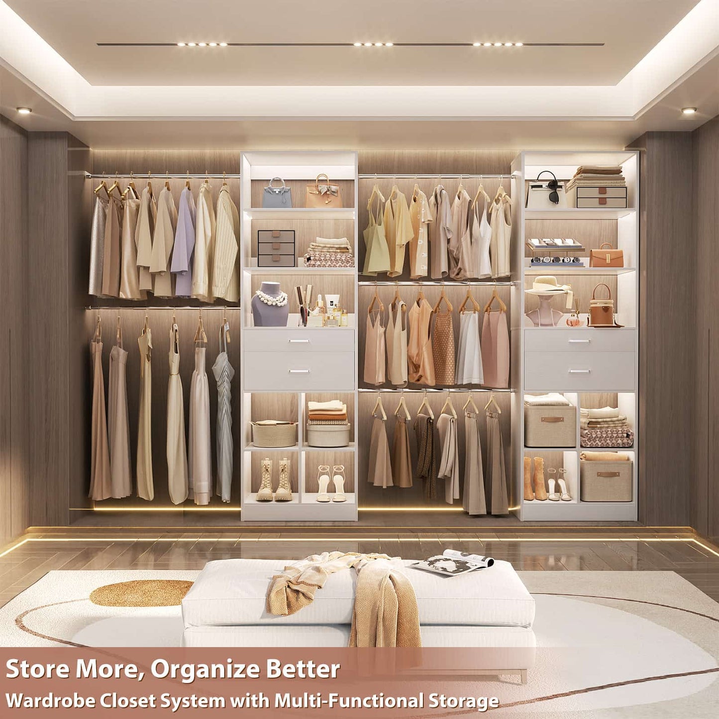 Closet System, 7.4ft-10ft with 4 Wooden Drawers and 5 Hanging Rods
