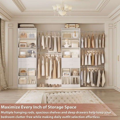 Closet System, 7.4ft-10ft with 4 Wooden Drawers and 5 Hanging Rods