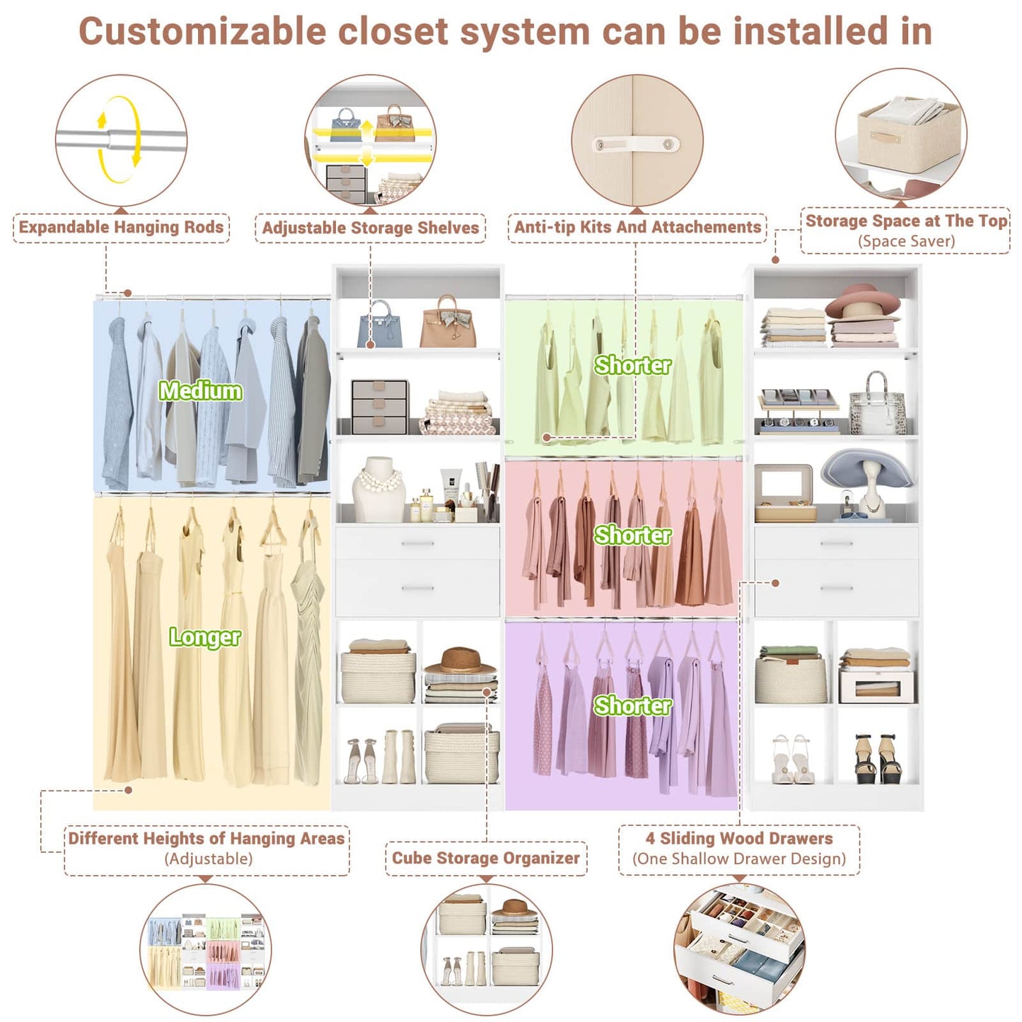 Closet System, 7.4ft-10ft with 4 Wooden Drawers and 5 Hanging Rods