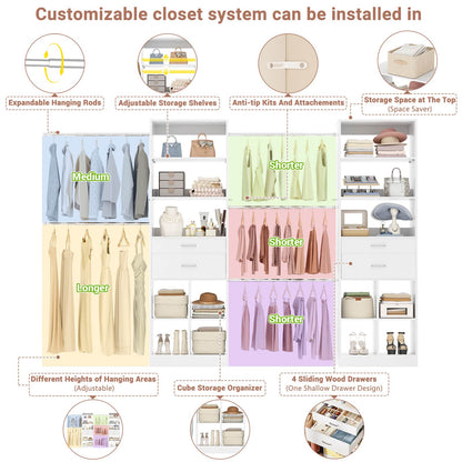 Closet System, 7.4ft-10ft with 4 Wooden Drawers and 5 Hanging Rods