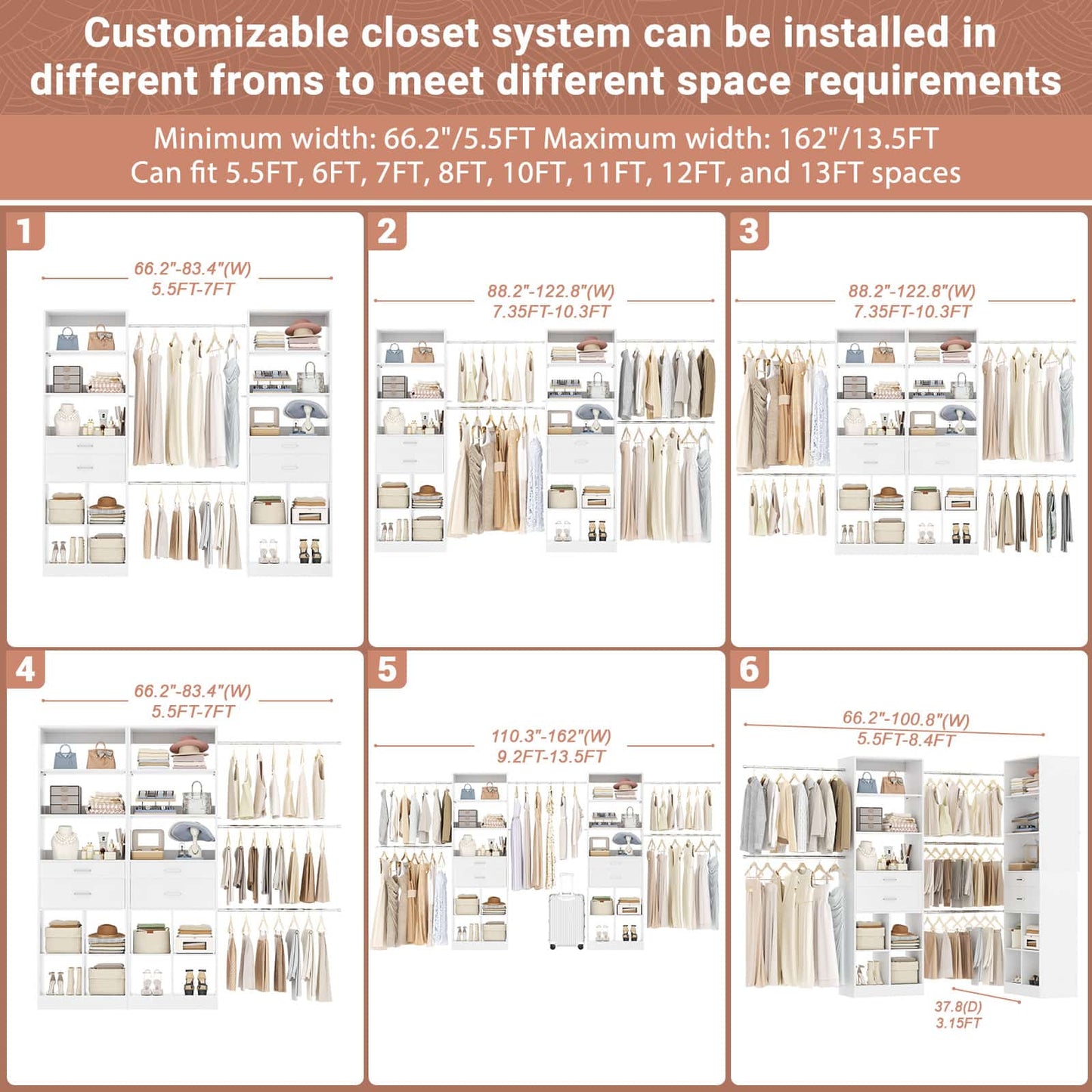 Closet System, 7.4ft-10ft with 4 Wooden Drawers and 5 Hanging Rods