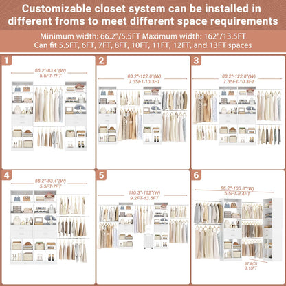 Closet System, 7.4ft-10ft with 4 Wooden Drawers and 5 Hanging Rods