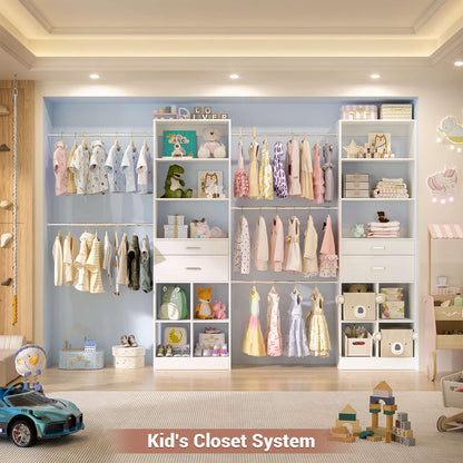 Closet System, 7.4ft-10ft with 4 Wooden Drawers and 5 Hanging Rods