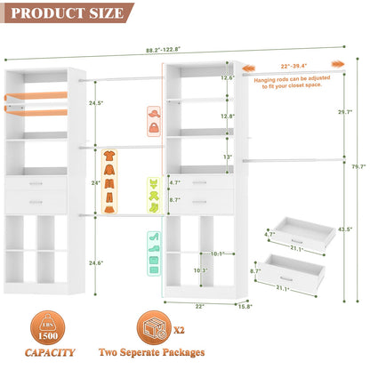 Closet System, 7.4ft-10ft with 4 Wooden Drawers and 5 Hanging Rods