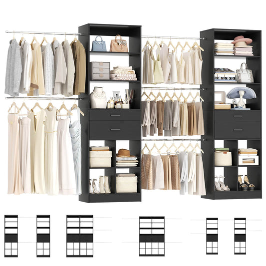 Closet System, 7.4ft-10ft with 4 Wooden Drawers and 5 Hanging Rods