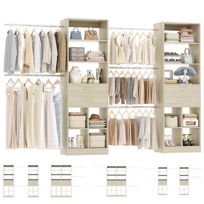 Closet System, 7.4ft-10ft with 4 Wooden Drawers and 5 Hanging Rods