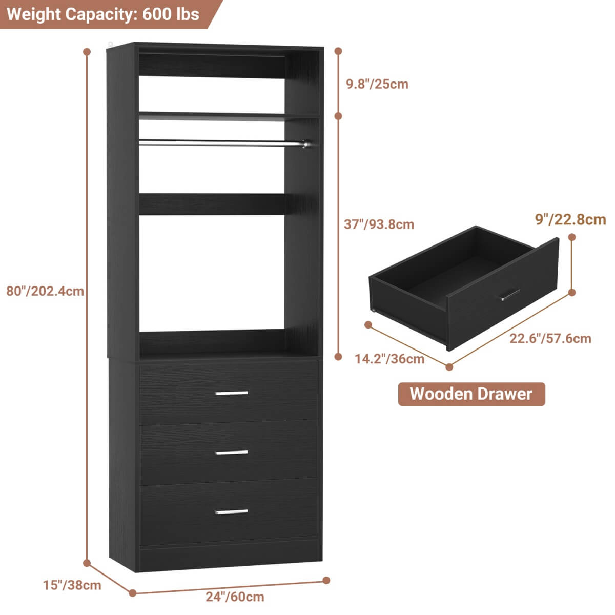 2FT Freestanding Closet System with 3 Wood Drawers