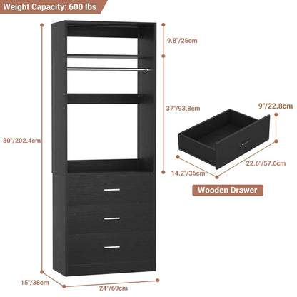 2FT Freestanding Closet System with 3 Wood Drawers