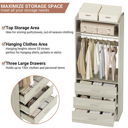 2FT Freestanding Closet System with 3 Wood Drawers