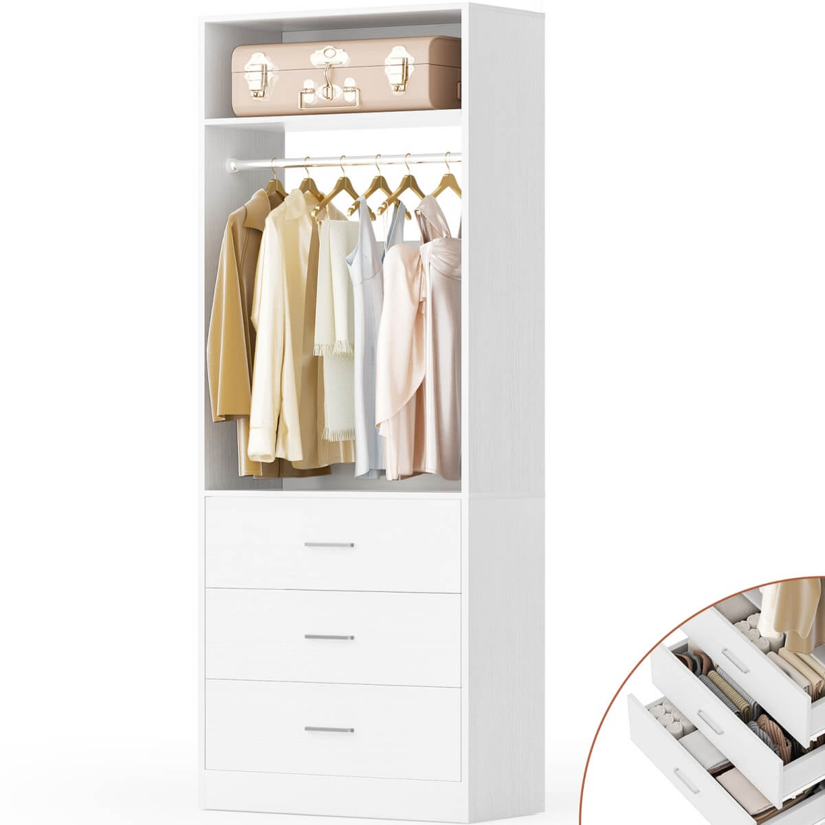 2FT Freestanding Closet System with 3 Wood Drawers