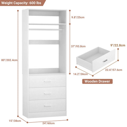 2FT Freestanding Closet System with 3 Wood Drawers