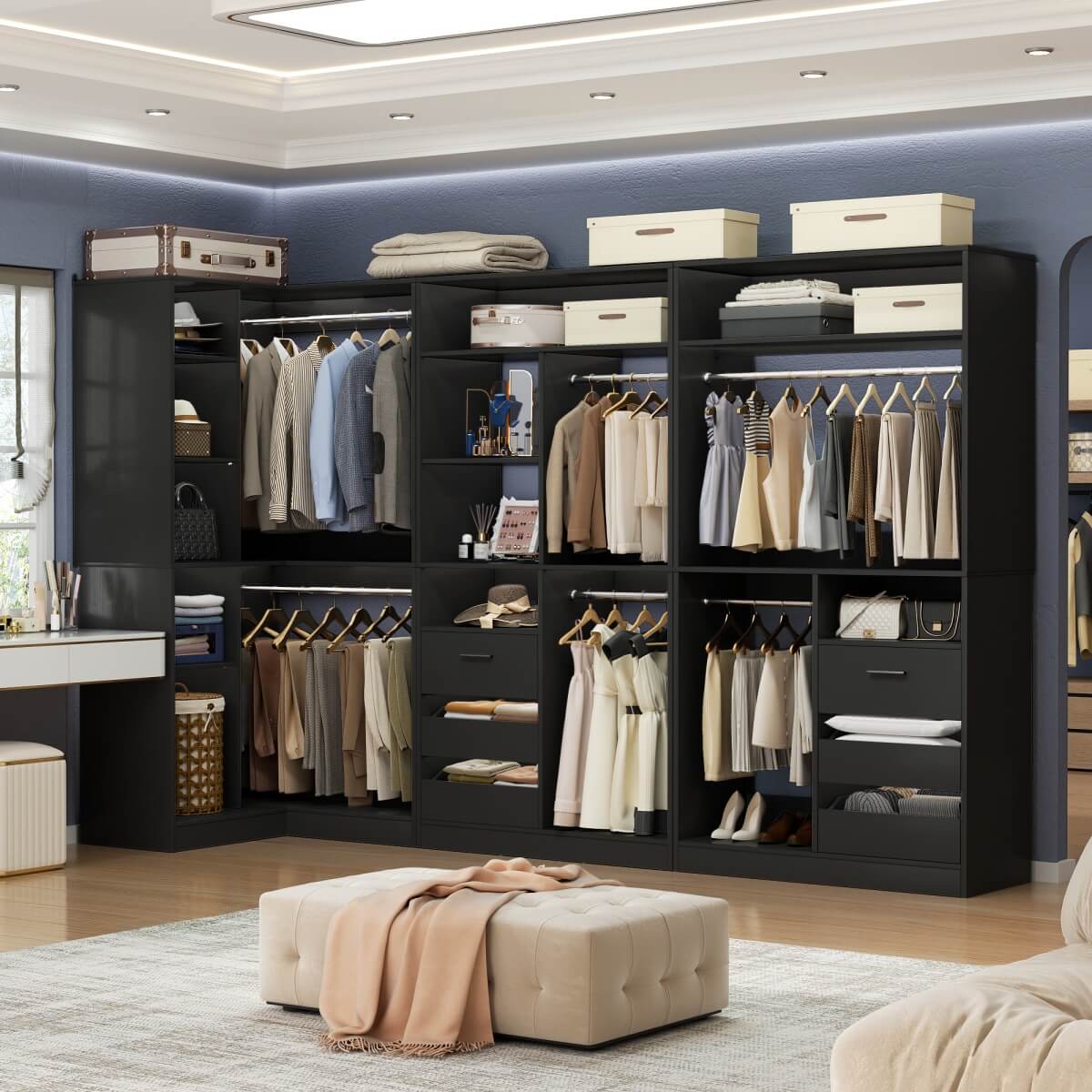 Heavy Duty Modular Closet System with Drawers and Hanging Rods, Set of 3