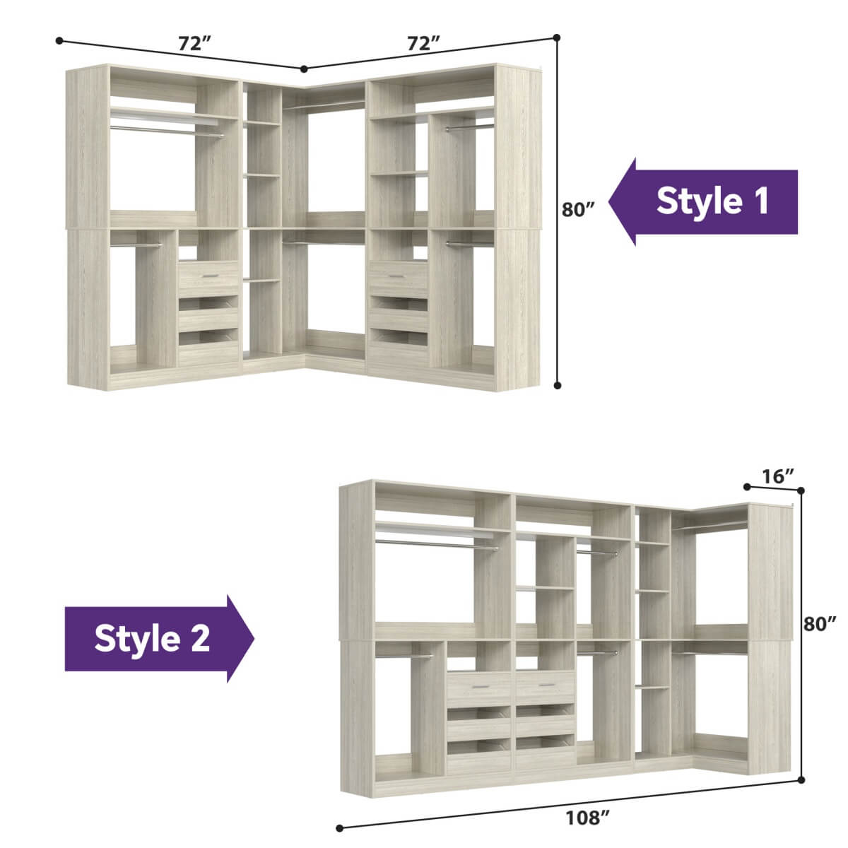 Heavy Duty Modular Closet System with Drawers and Hanging Rods, Set of 3