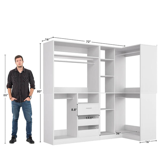6FT Walk In Closet Organizer System with Drawers and Corner，