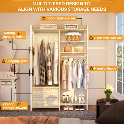 6-Tier Reversible Clothes Rack with Shelves & 2 Drawers