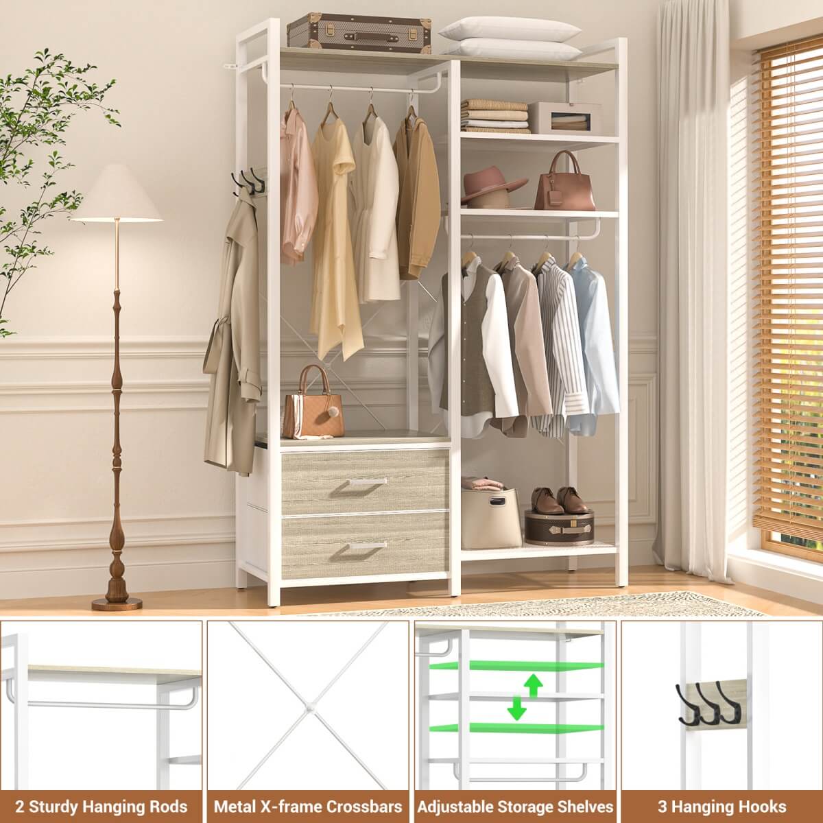 6-Tier Reversible Clothes Rack with Shelves & 2 Drawers