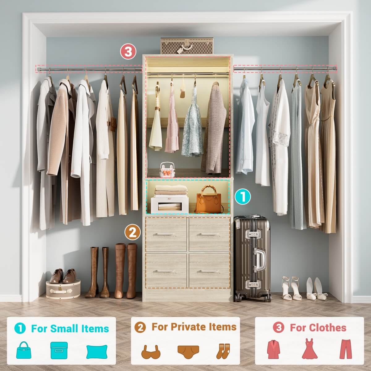 8FT Walk-in Closet System with 4 Fabric Drawers and 2 Rods