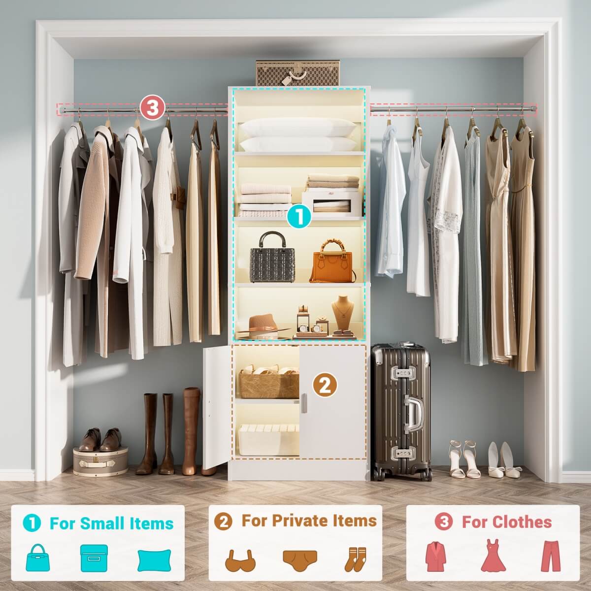 8FT Heavy Duty Closet Organizer System with Adjustable Shelves and Cabinet