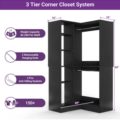 36" Corner Closet System with Hanging Rods for Versatile Storage