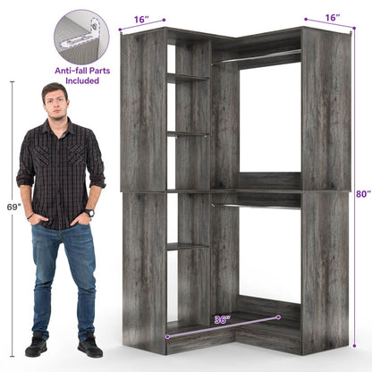 36" Corner Closet System with Hanging Rods for Versatile Storage
