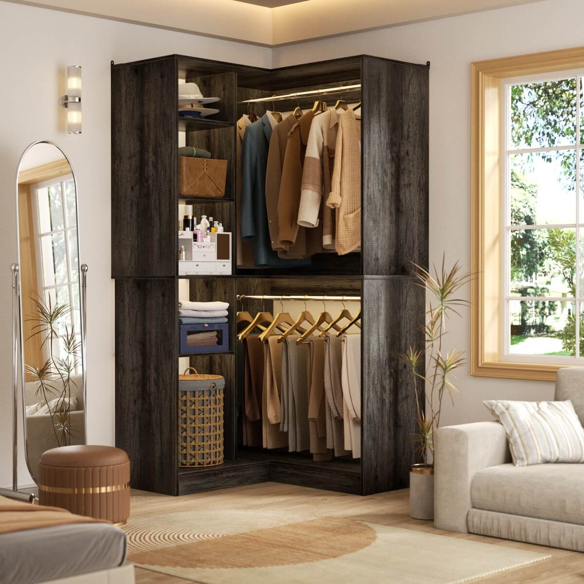 36" Corner Closet System with Hanging Rods for Versatile Storage