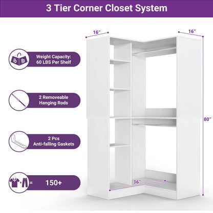 36" Corner Closet System with Hanging Rods for Versatile Storage