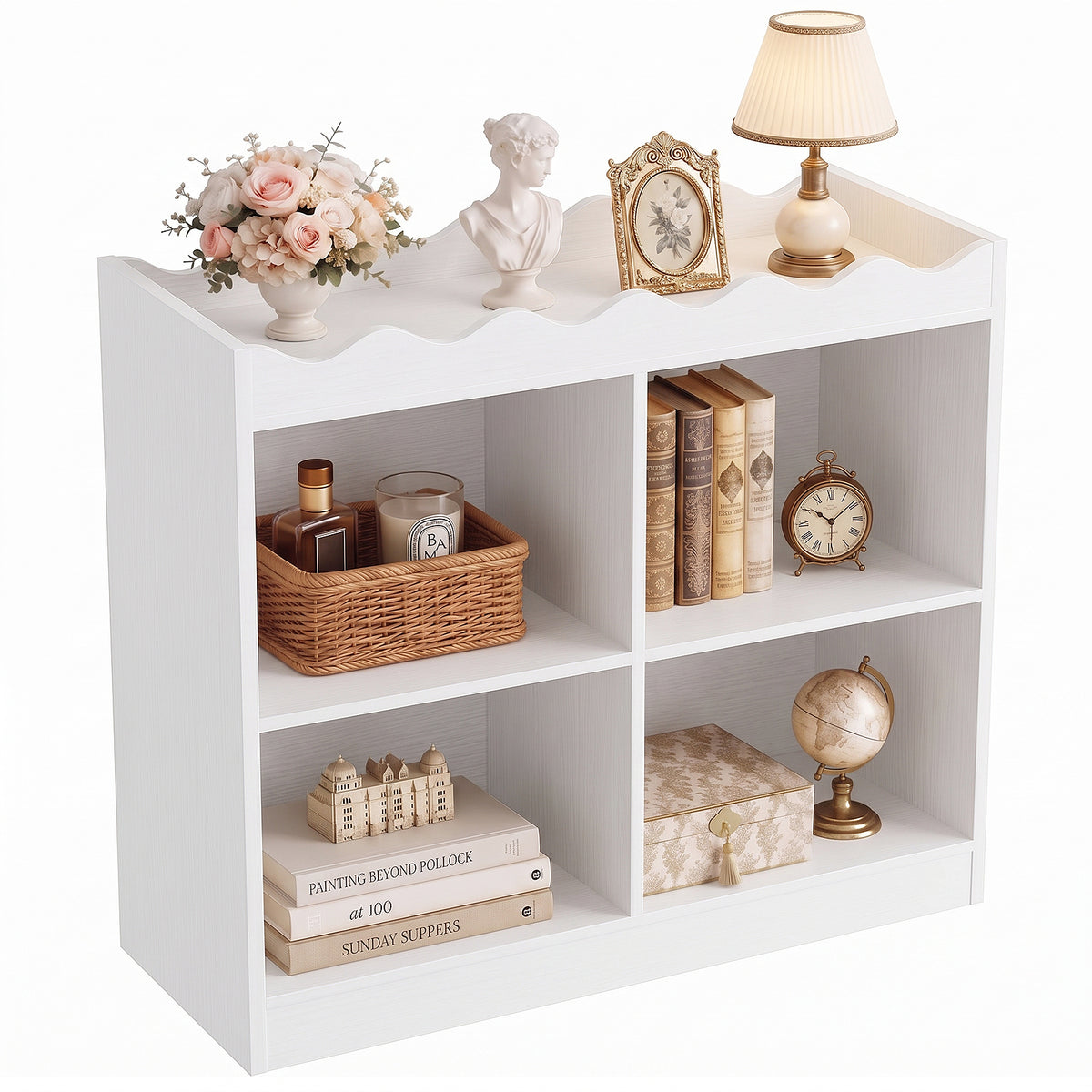 Besiost Scalloped 4 Cube Storage Organizer, 3-Tier Low Cube Bookcase 32"