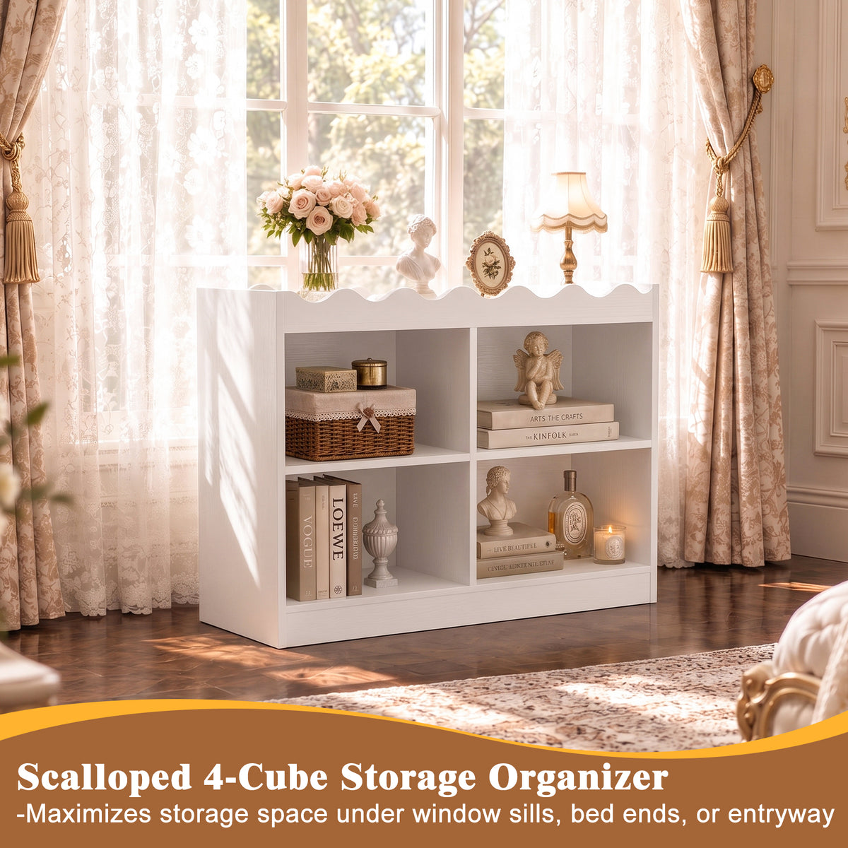 Besiost Scalloped 4 Cube Storage Organizer, 3-Tier Low Cube Bookcase 32"