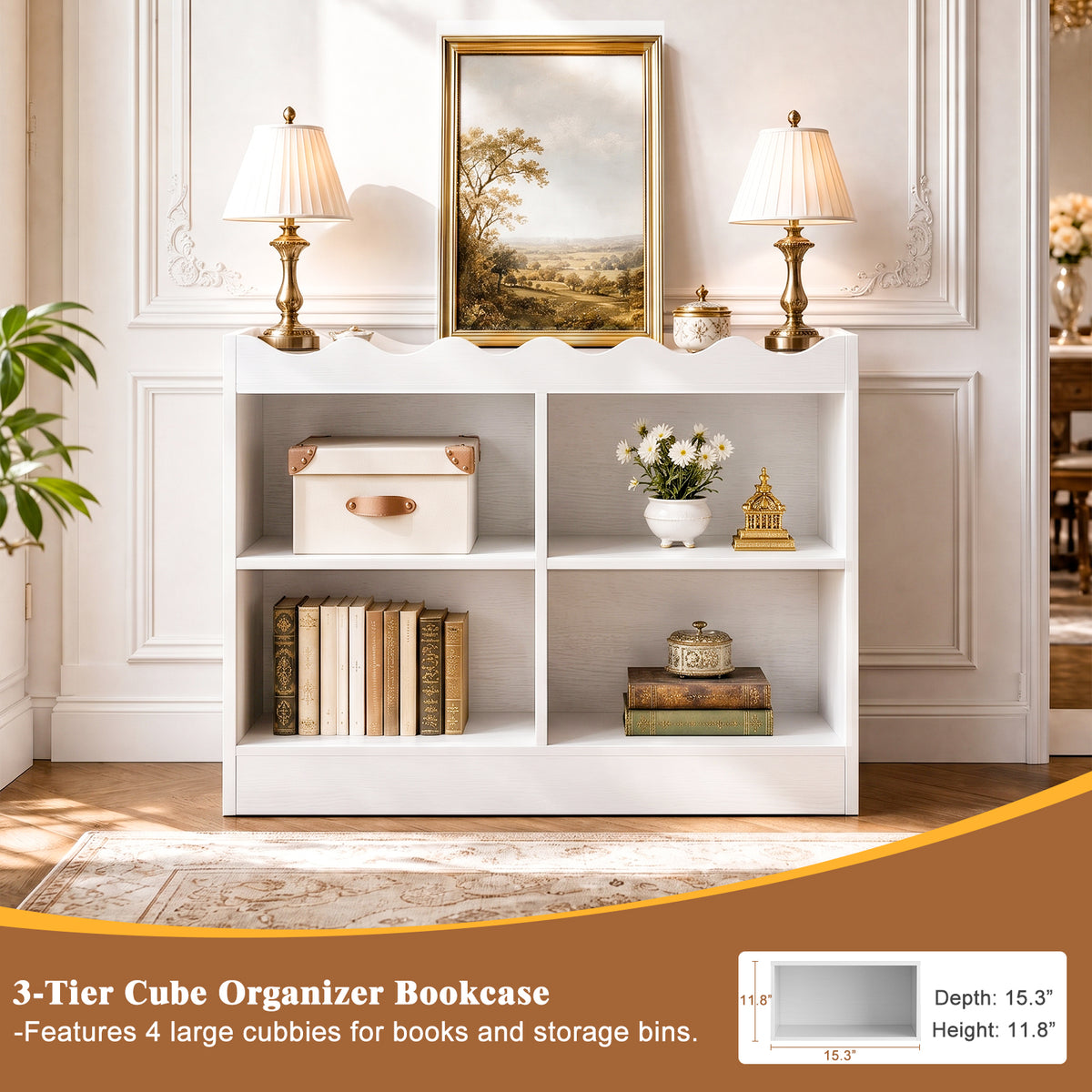 Besiost Scalloped 4 Cube Storage Organizer, 3-Tier Low Cube Bookcase 32"