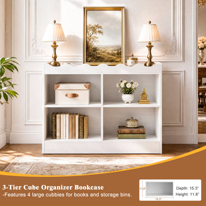 Besiost Scalloped 4 Cube Storage Organizer, 3-Tier Low Cube Bookcase 32"