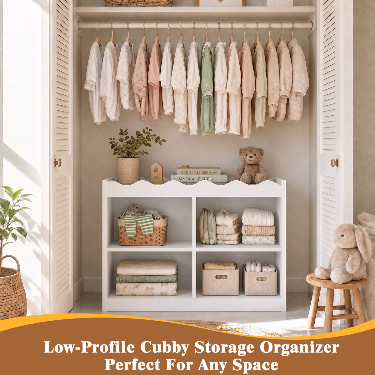 Besiost Scalloped 4 Cube Storage Organizer, 3-Tier Low Cube Bookcase 32"