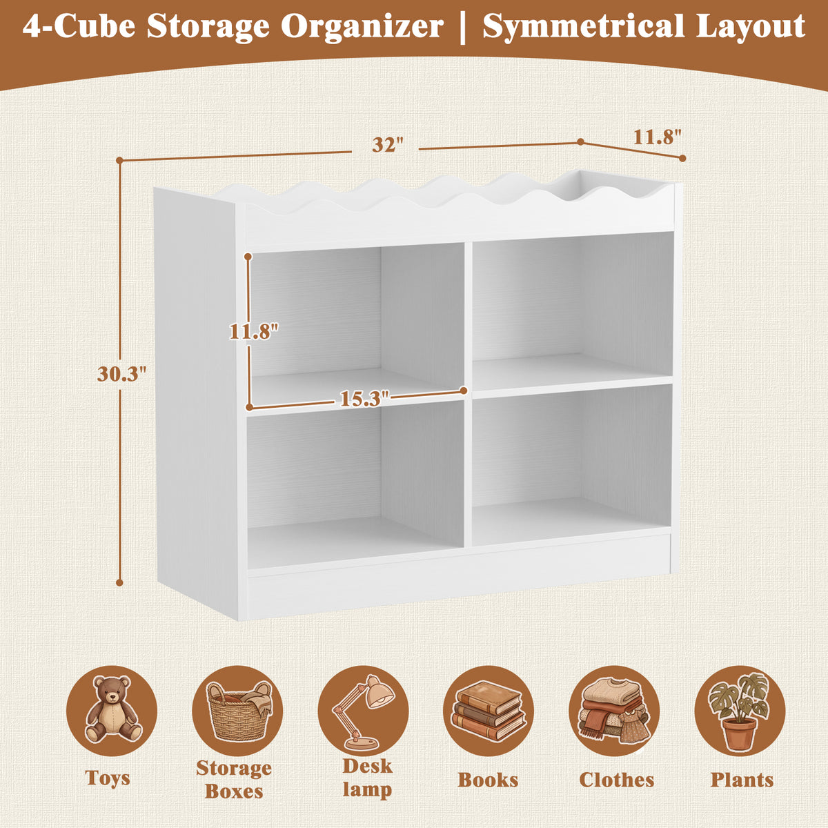 Besiost Scalloped 4 Cube Storage Organizer, 3-Tier Low Cube Bookcase 32"