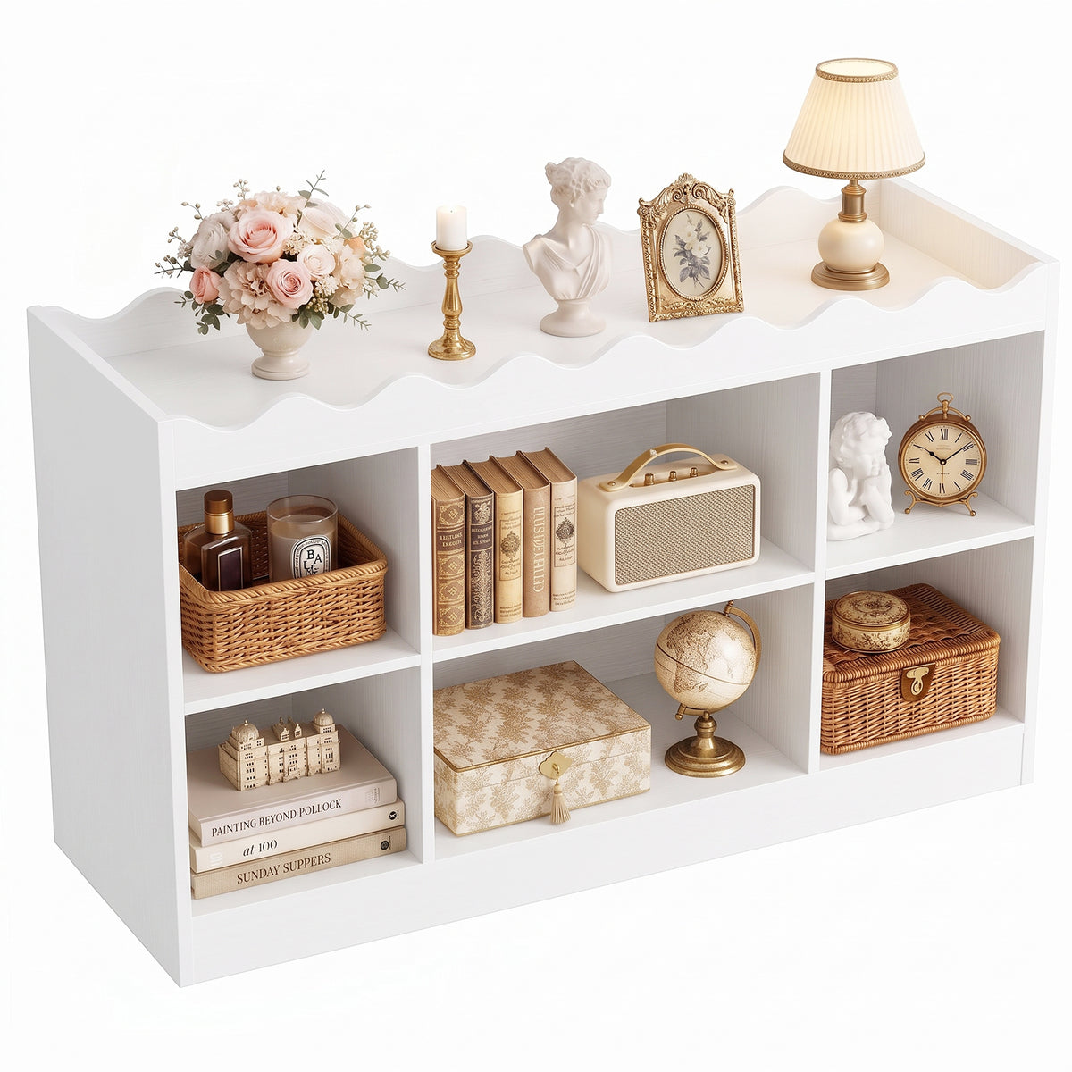 Besiost Scalloped 6 Cube Storage Organizer, 3-Tier Low Cube Bookcase 46"
